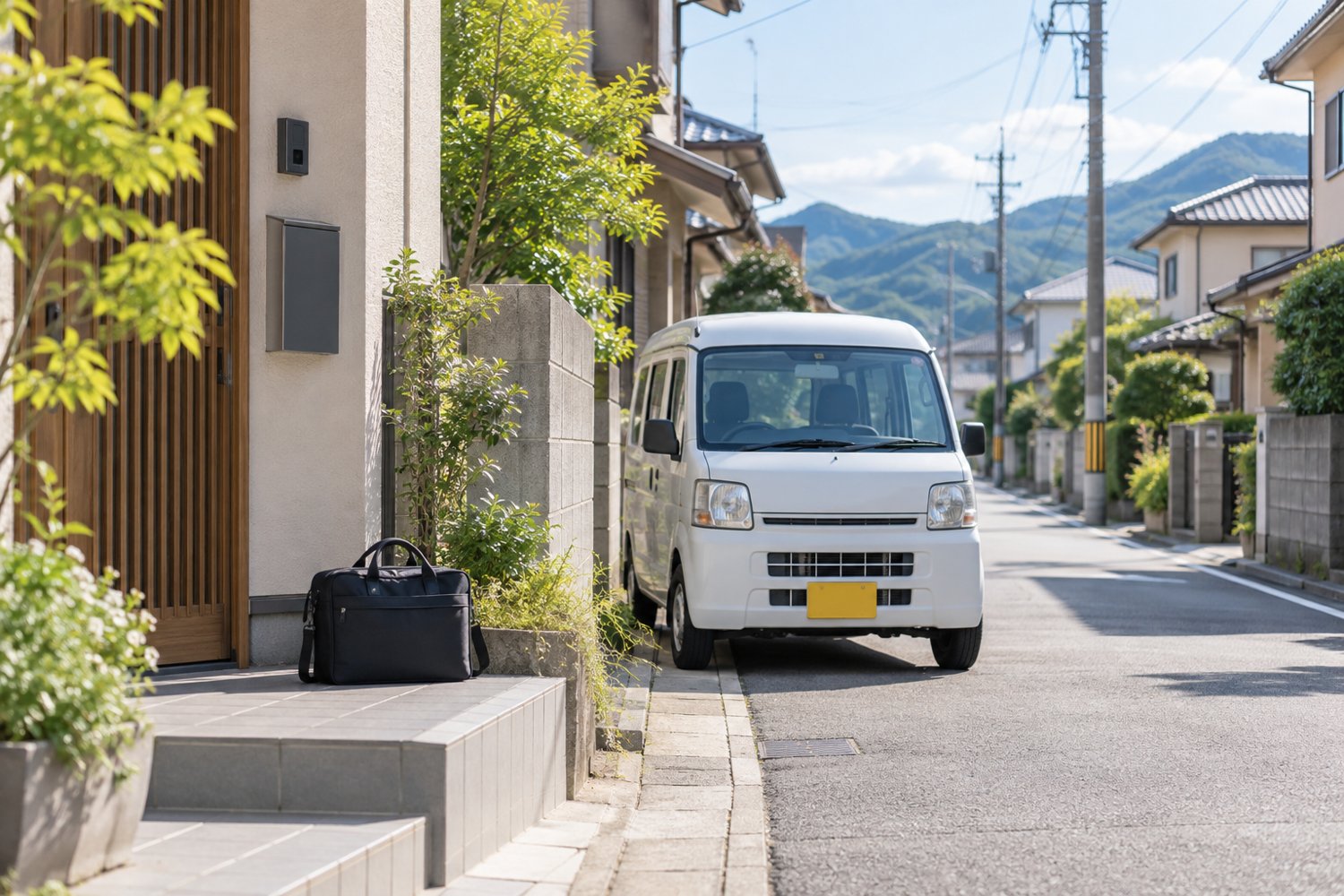 住宅街の細い道に停まる白い軽バンと、手前に置かれた黒いかばん